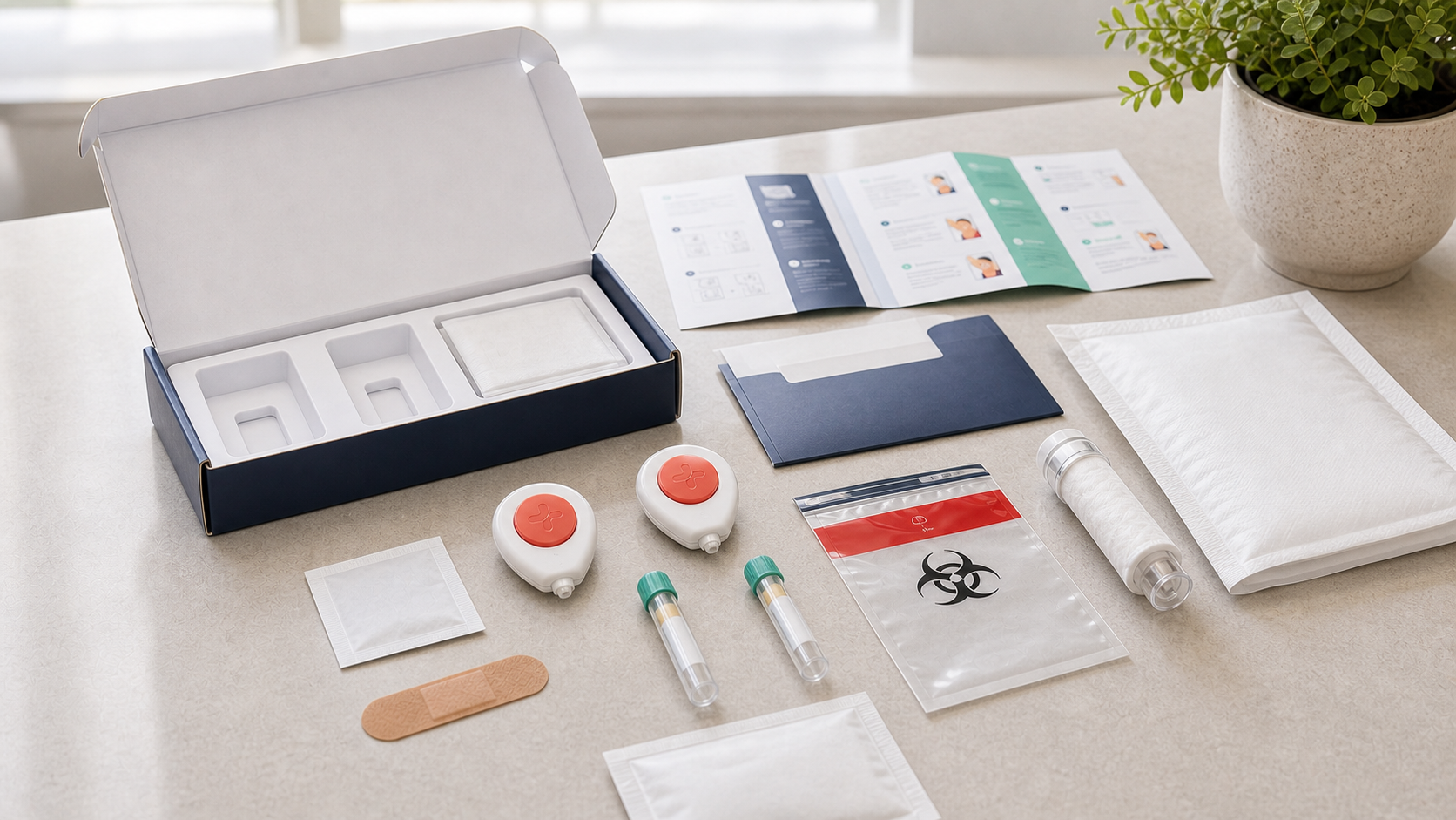 Tasso+ at-home collection kit materials on a table